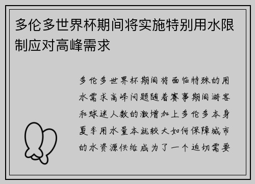 多伦多世界杯期间将实施特别用水限制应对高峰需求